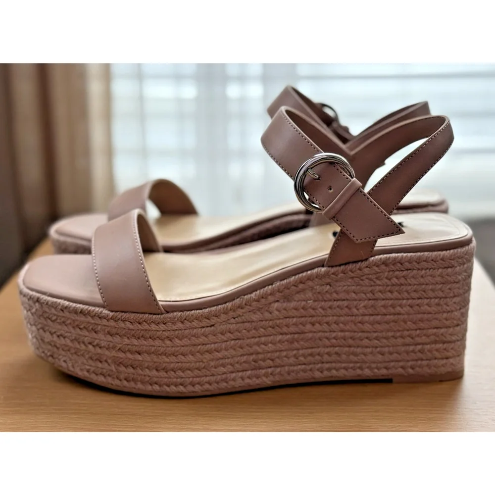 Nine West Women Classic Chunky Dark Espadrille Platform Sandal TAN BEIGE 9 M